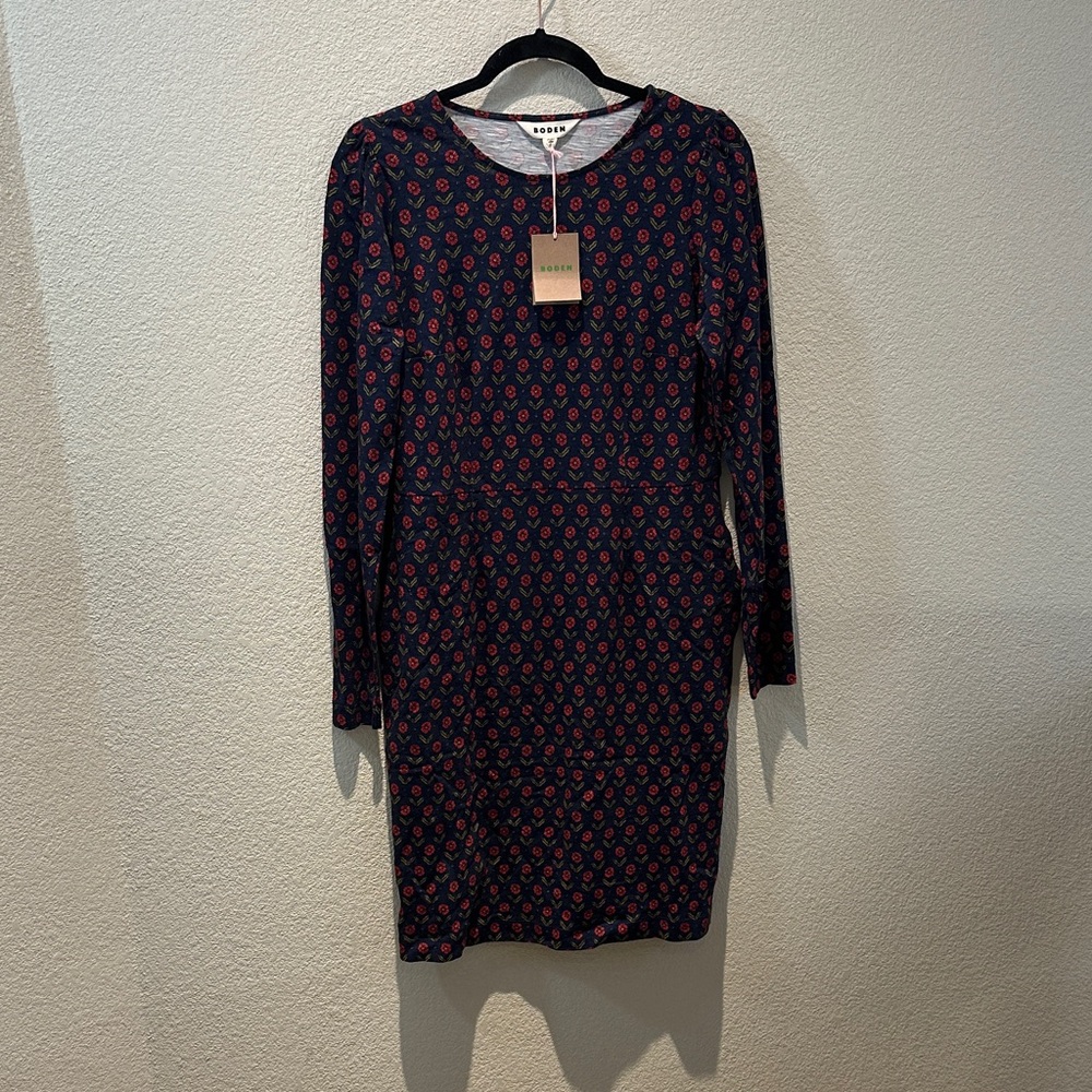 Boden Navy Dress with Red Floral Print - Long Sleeve Sheath Size 8